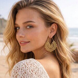 Artisanal 100% Brass Mandala Hoop Earrings Gold Filigree Boho Statement Jewelry